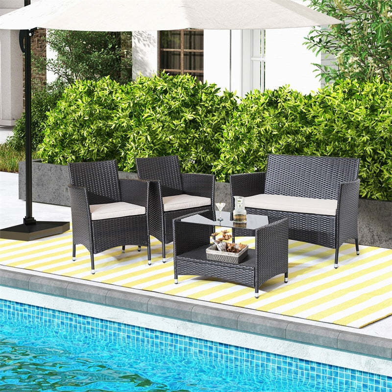 4 Pieces PE Rattan Patio Furniture Set Outdoor Wicker Conversation Set with 2-Tier Coffee Table & Soft Cushions