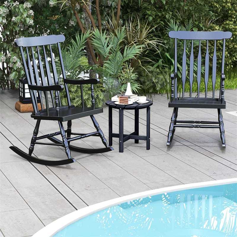 Solid Rubber Wood Patio Rocking Chair, Outdoor Porch Rocker with Slat Back & Glossy Finish for Garden, Backyard, Indoor Use