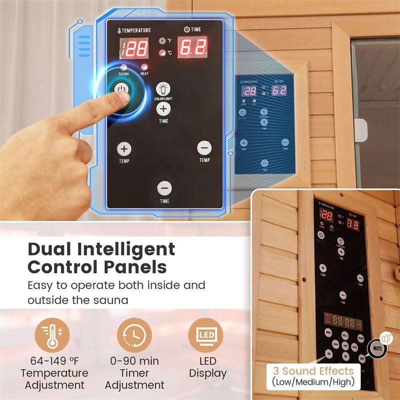 1-2 Person Far Infrared Wooden Sauna Room Canadian Hemlock Indoor Low EMF Sauna for Home with 9 Carbon Heaters, Oxygen Ionizer, Bluetooth Speakers