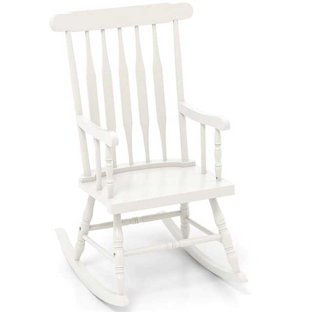 Solid Rubber Wood Patio Rocking Chair, Outdoor Porch Rocker with Slat Back & Glossy Finish for Garden, Backyard, Indoor Use