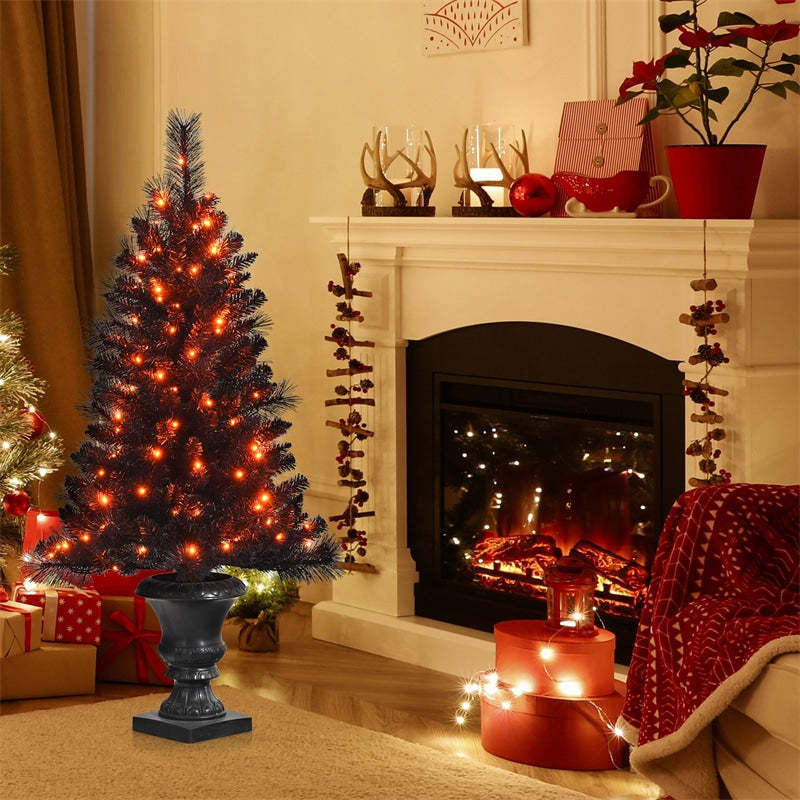 4ft Black Pre-lit Potted Christmas Tree with 100 Orange LED Lights