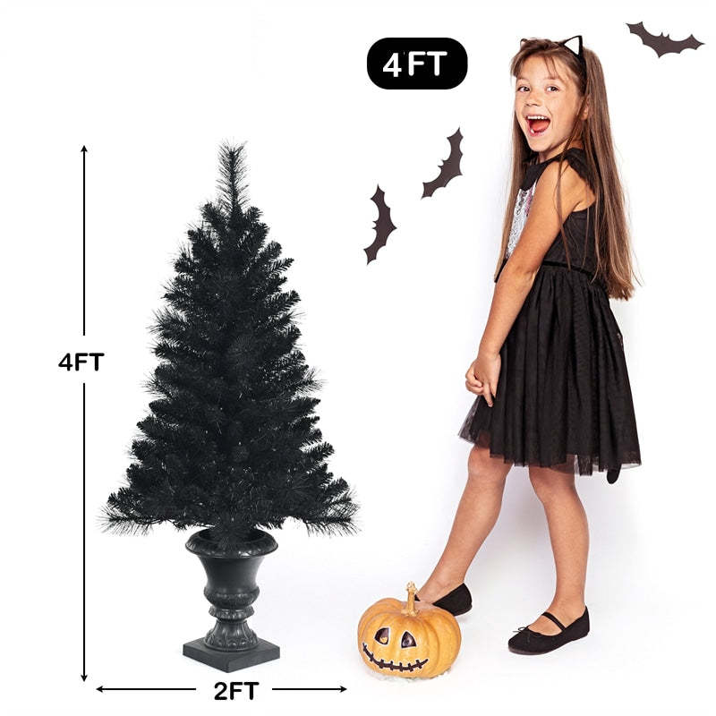 4ft Black Pre-lit Potted Christmas Tree with 100 Orange LED Lights