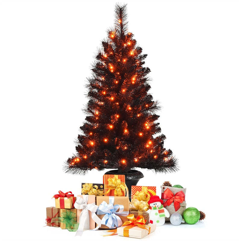 4ft Black Pre-lit Potted Christmas Tree with 100 Orange LED Lights
