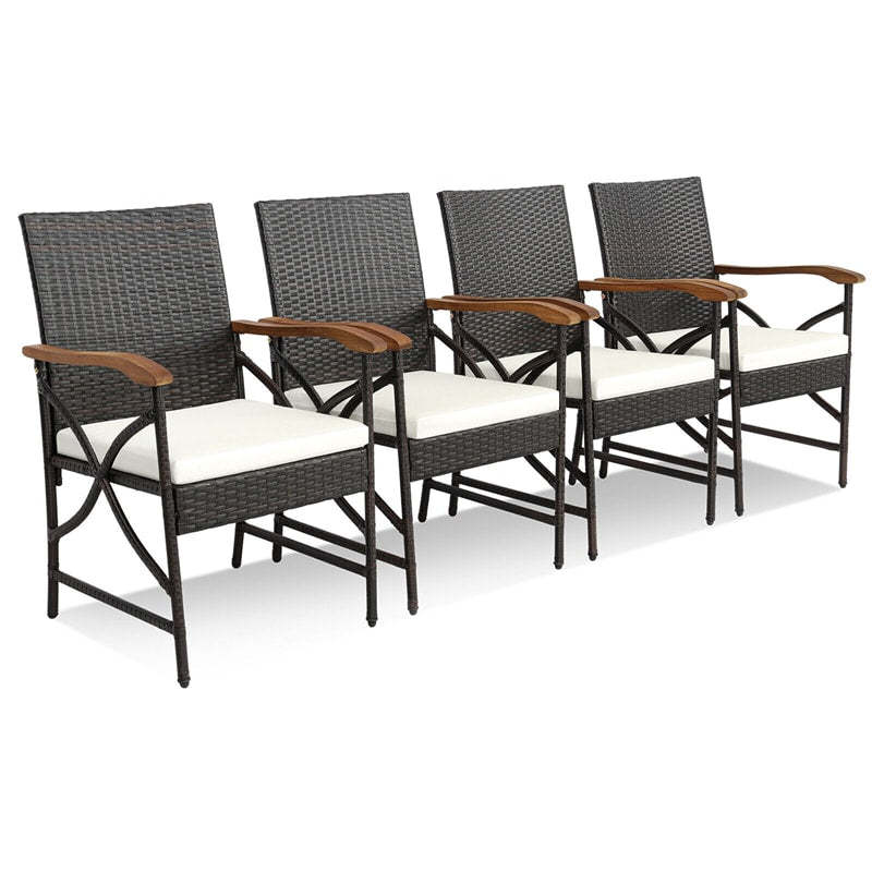4pcs Wicker Patio Dining Chairs All-Weather Outdoor PE Rattan Armchairs with Soft Cushions & Heavy-Duty Metal Frame