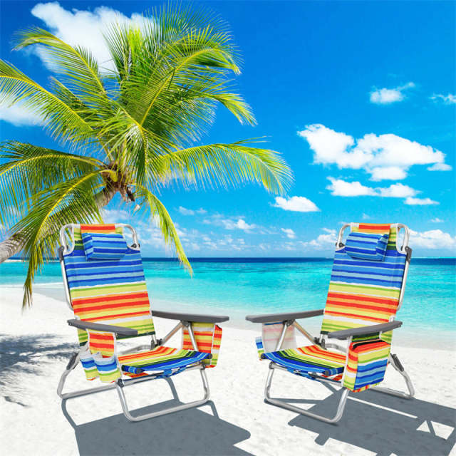 4 Pack Folding Backpack Beach Chairs, 5-Position Adjustable Sling Camping Chairs Reclining Beach Chairs with Head Pillows, Ice Pack, Cup Holder
