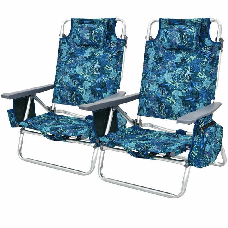 4 Pack Folding Backpack Beach Chairs, 5-Position Adjustable Sling Camping Chairs Reclining Beach Chairs with Head Pillows, Ice Pack, Cup Holder