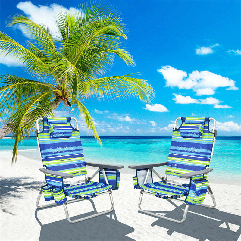 4 Pack Folding Backpack Beach Chairs, 5-Position Adjustable Sling Camping Chairs Reclining Beach Chairs with Head Pillows, Ice Pack, Cup Holder