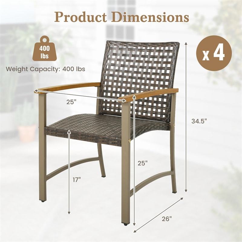 Patio Dining Chairs Set of 4, Outdoor PE Wicker & Metal Frame Chairs with Acacia Wood Armrests, Rattan Armchairs for Garden, Backyard, Poolside
