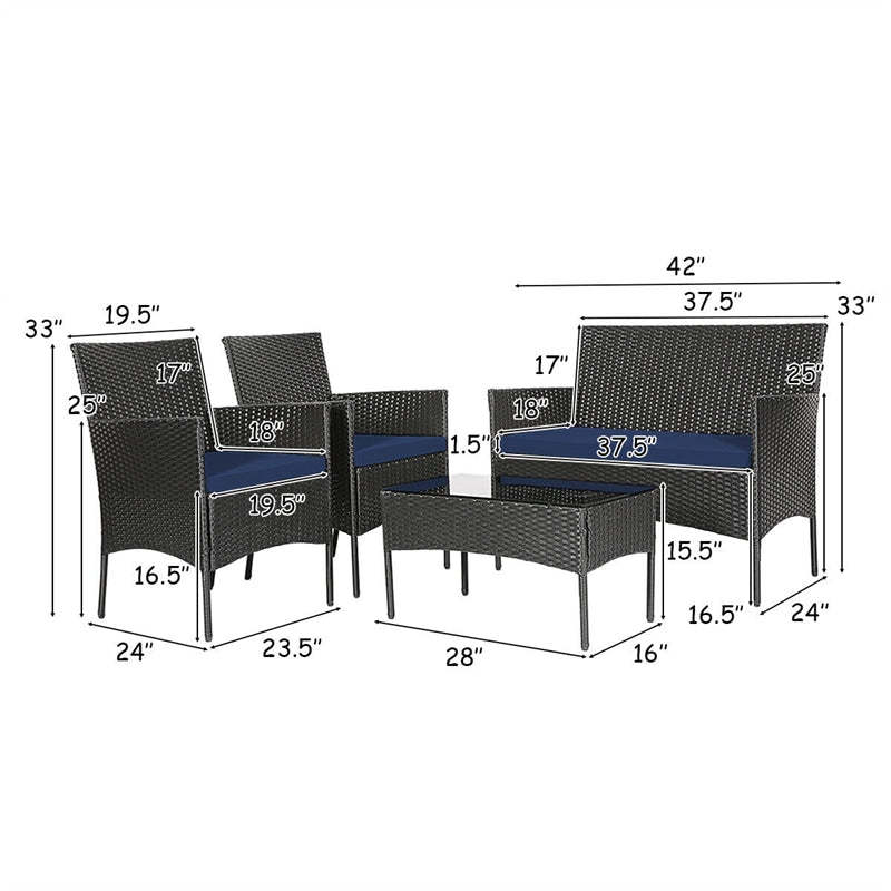 4 PCS Outdoor Wicker Conversation Set Rattan Loveseat Chair with Coffee Table & 6 Seat Cushion Covers