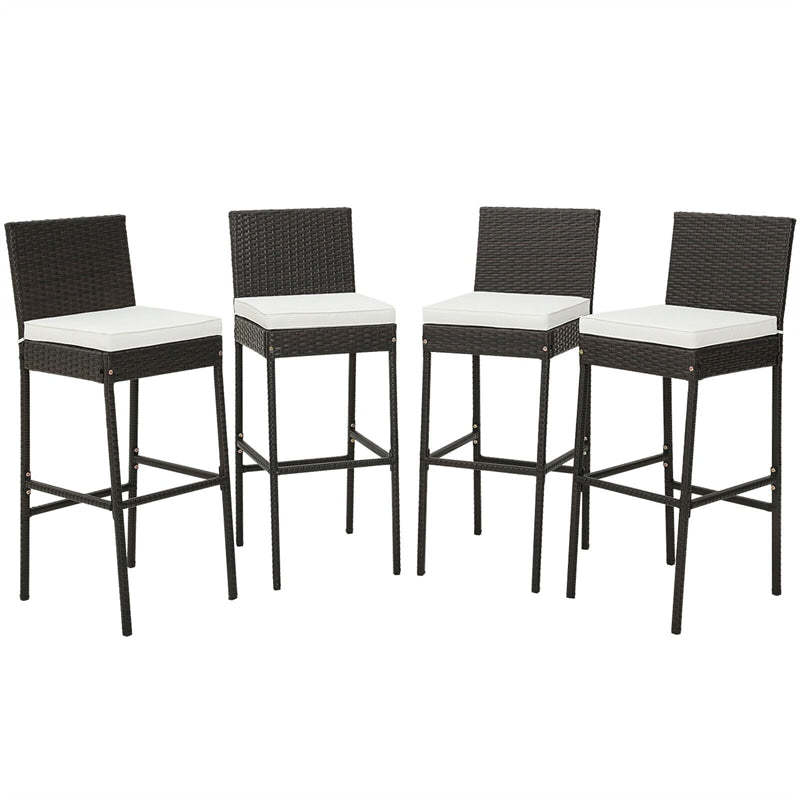 Wicker Outdoor Bar Stools Set of 4, Heavy-Duty Metal Frame Rattan Patio Bar Height Chairs w/ Cushions, Footrests for Backyard, Balcony