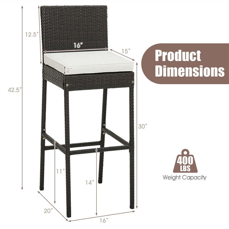 Wicker Outdoor Bar Stools Set of 4, Heavy-Duty Metal Frame Rattan Patio Bar Height Chairs w/ Cushions, Footrests for Backyard, Balcony