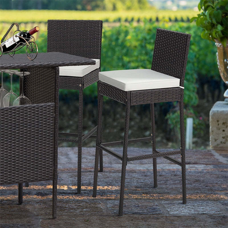 Wicker Outdoor Bar Stools Set of 4, Heavy-Duty Metal Frame Rattan Patio Bar Height Chairs w/ Cushions, Footrests for Backyard, Balcony
