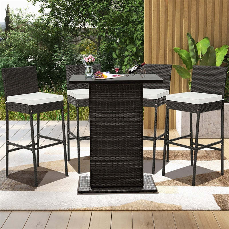 Wicker Outdoor Bar Stools Set of 4, Heavy-Duty Metal Frame Rattan Patio Bar Height Chairs w/ Cushions, Footrests for Backyard, Balcony