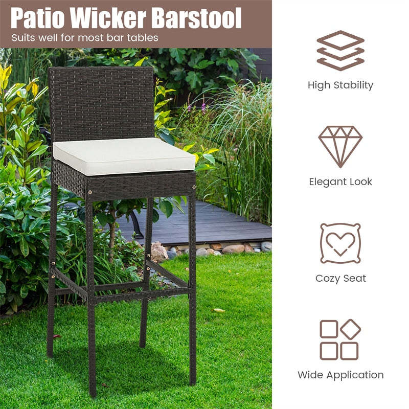 Wicker Outdoor Bar Stools Set of 4, Heavy-Duty Metal Frame Rattan Patio Bar Height Chairs w/ Cushions, Footrests for Backyard, Balcony