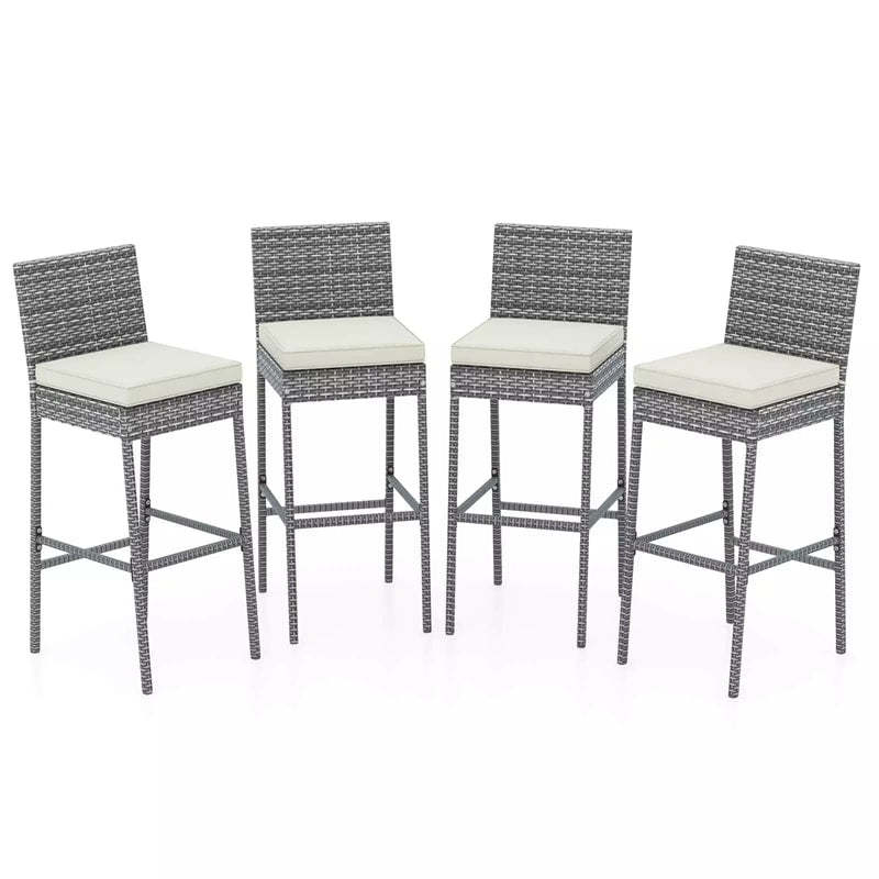Wicker Outdoor Bar Stools Set of 4, Heavy-Duty Metal Frame Rattan Patio Bar Height Chairs w/ Cushions, Footrests for Backyard, Balcony