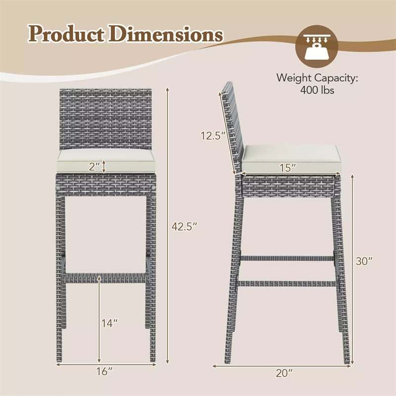 Wicker Outdoor Bar Stools Set of 4, Heavy-Duty Metal Frame Rattan Patio Bar Height Chairs w/ Cushions, Footrests for Backyard, Balcony