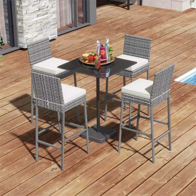 Wicker Outdoor Bar Stools Set of 4, Heavy-Duty Metal Frame Rattan Patio Bar Height Chairs w/ Cushions, Footrests for Backyard, Balcony