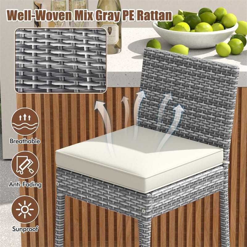 Wicker Outdoor Bar Stools Set of 4, Heavy-Duty Metal Frame Rattan Patio Bar Height Chairs w/ Cushions, Footrests for Backyard, Balcony