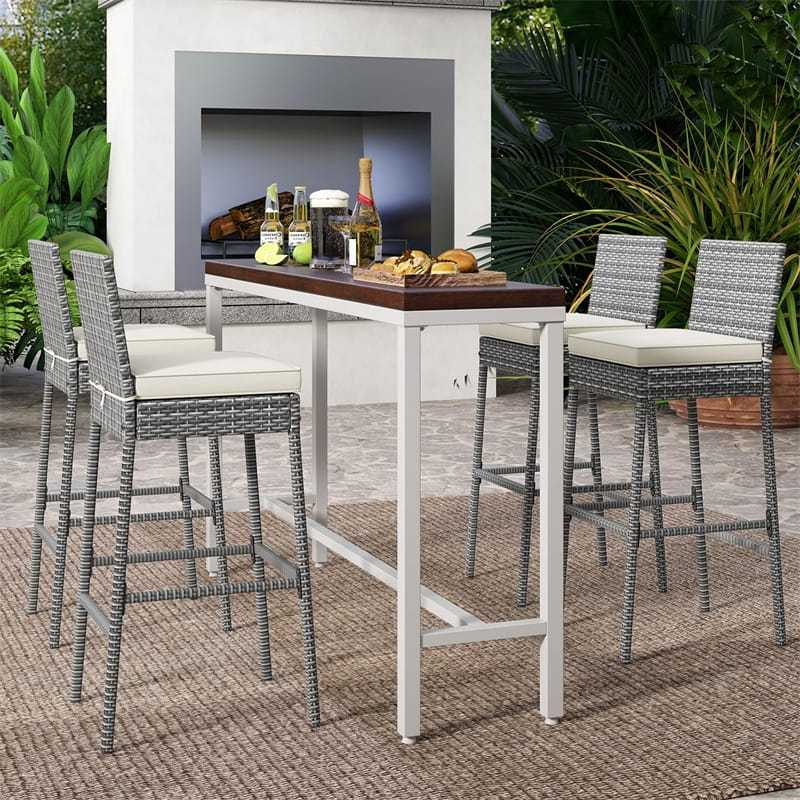 Wicker Outdoor Bar Stools Set of 4, Heavy-Duty Metal Frame Rattan Patio Bar Height Chairs w/ Cushions, Footrests for Backyard, Balcony