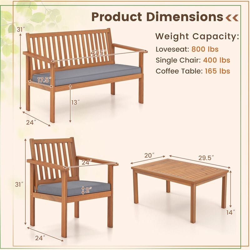 4 Piece Patio Wood Furniture Set Outdoor Acacia Wood Sofa Set with Loveseat, 2 Cushioned Chairs & Coffee Table for Porch Yard Balcony