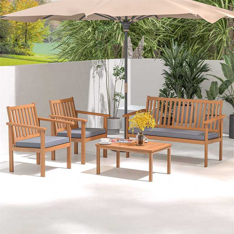 4 Piece Patio Wood Furniture Set Outdoor Acacia Wood Sofa Set with Loveseat, 2 Cushioned Chairs & Coffee Table for Porch Yard Balcony