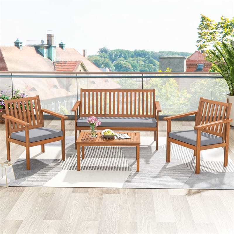 4 Piece Patio Wood Furniture Set Outdoor Acacia Wood Sofa Set with Loveseat, 2 Cushioned Chairs & Coffee Table for Porch Yard Balcony