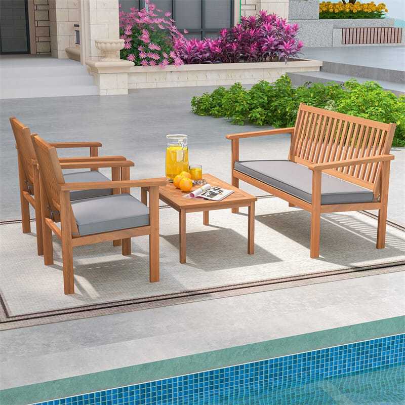4 Piece Patio Wood Furniture Set Outdoor Acacia Wood Sofa Set with Loveseat, 2 Cushioned Chairs & Coffee Table for Porch Yard Balcony