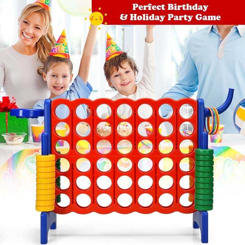 Giant 4-in-A-Row Game Set, Jumbo 4-to-Score Lawn Game with Basketball Hoop, 42 Rings, Quick-Release Slider for Kids & Adults, Indoors Outdoors