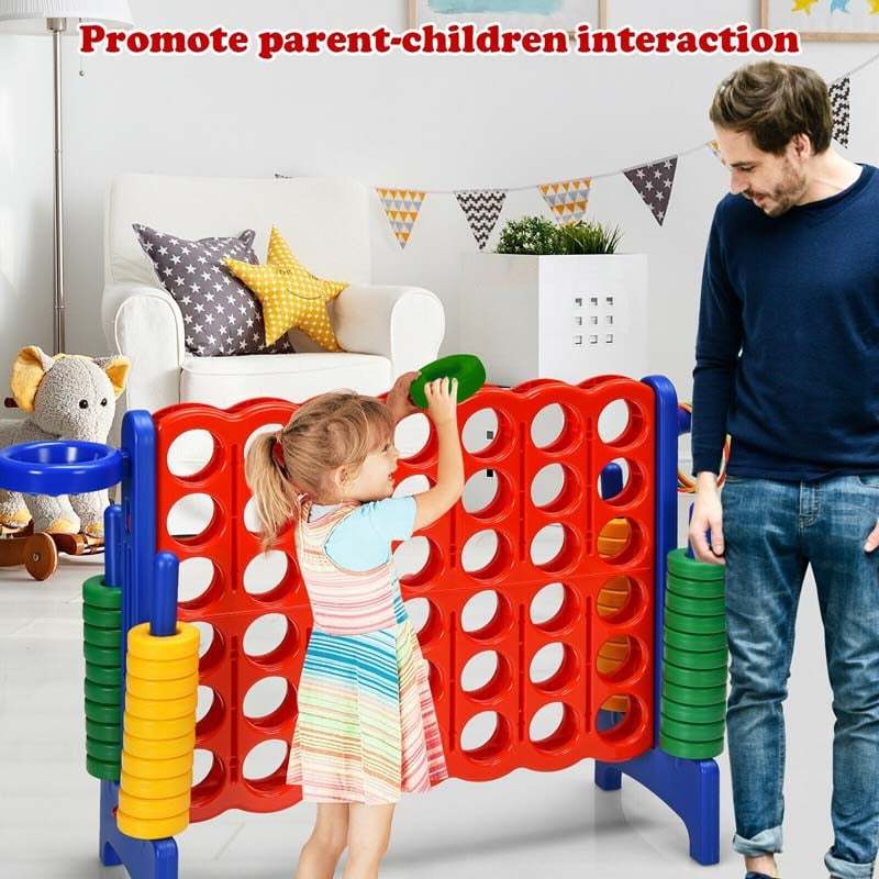Giant 4-in-A-Row Game Set, Jumbo 4-to-Score Lawn Game with Basketball Hoop, 42 Rings, Quick-Release Slider for Kids & Adults, Indoors Outdoors