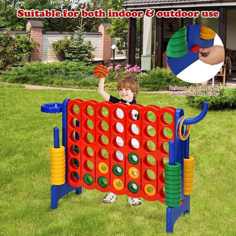 Giant 4-in-A-Row Game Set, Jumbo 4-to-Score Lawn Game with Basketball Hoop, 42 Rings, Quick-Release Slider for Kids & Adults, Indoors Outdoors