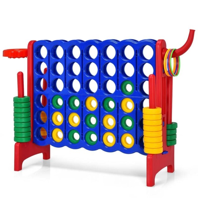 Giant 4-in-A-Row Game Set, Jumbo 4-to-Score Lawn Game with Basketball Hoop, 42 Rings, Quick-Release Slider for Kids & Adults, Indoors Outdoors