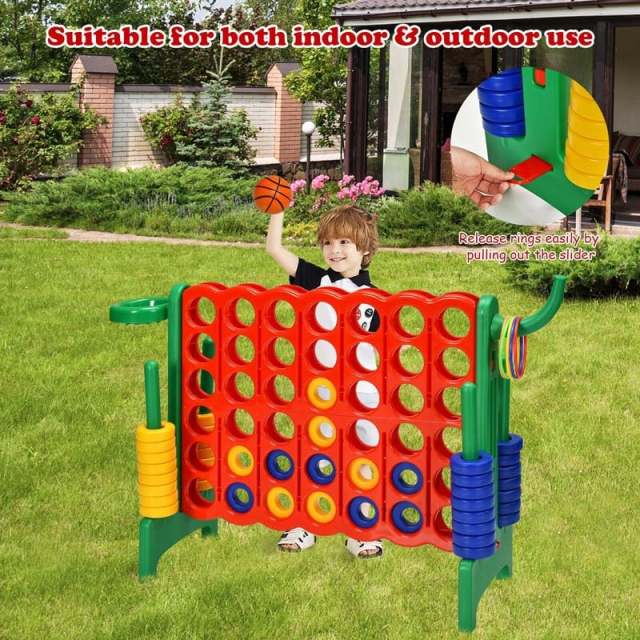 Giant 4-in-A-Row Game Set, Jumbo 4-to-Score Lawn Game with Basketball Hoop, 42 Rings, Quick-Release Slider for Kids & Adults, Indoors Outdoors