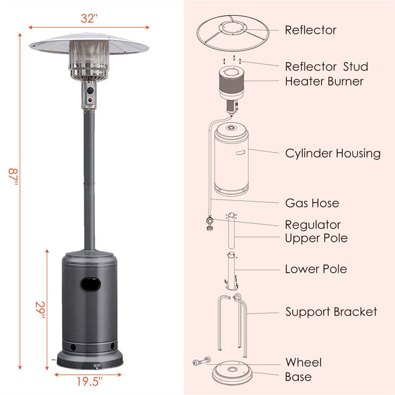 50,000 BTU Propane Patio Heater, Standing Outdoor LP Gas Heater with Wheels, Stainless Steel Burner & Tip-Over Protection for Garden Backyard
