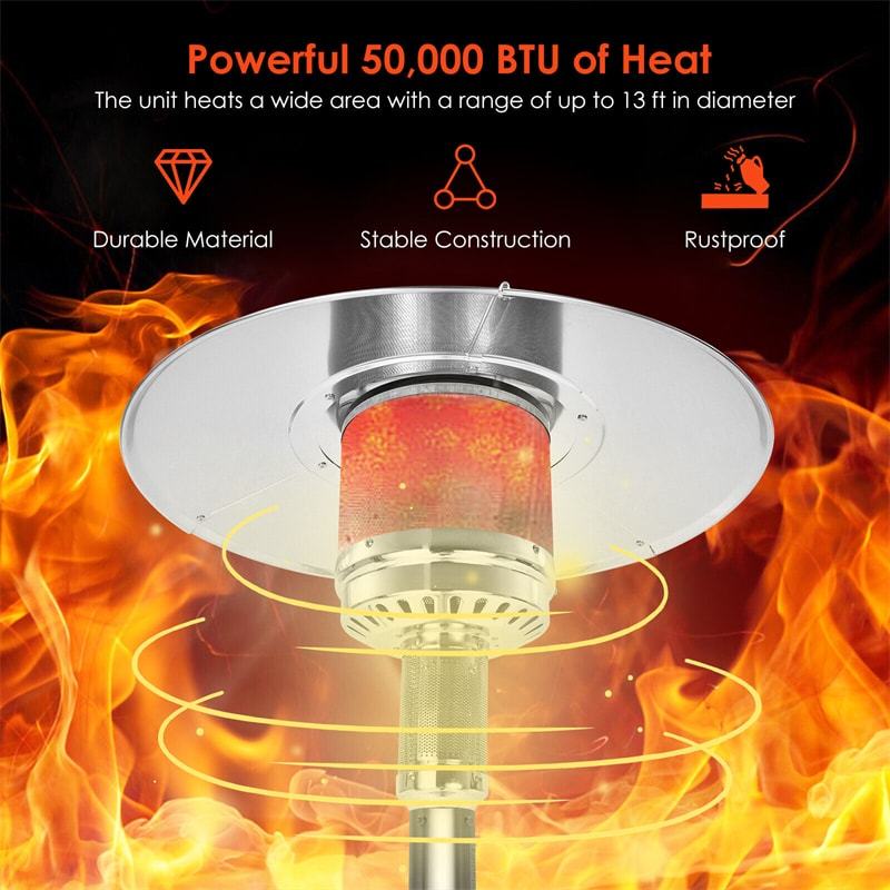 50,000 BTU Propane Patio Heater, Standing Outdoor LP Gas Heater with Wheels, Stainless Steel Burner & Tip-Over Protection for Garden Backyard
