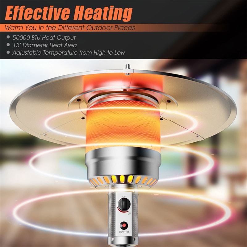 50,000 BTU Propane Patio Heater with Auto Shut-Off & Tip Protection, Commercial Outdoor Heater w/ Wheels & Drink Shelf for Backyard, Restaurant