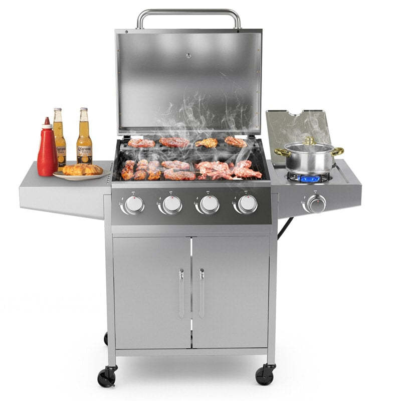 50,000 BTU 5-Burner Propane Gas Grill with Side Burner, 2 Prep Tables & 4 Wheels, Heavy-Duty Stainless Steel BBQ Grill for Backyard, Outdoor Cooking