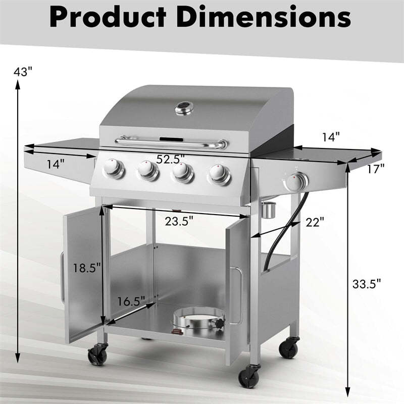 50,000 BTU 5-Burner Propane Gas Grill with Side Burner, 2 Prep Tables & 4 Wheels, Heavy-Duty Stainless Steel BBQ Grill for Backyard, Outdoor Cooking