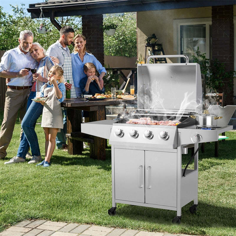50,000 BTU 5-Burner Propane Gas Grill with Side Burner, 2 Prep Tables & 4 Wheels, Heavy-Duty Stainless Steel BBQ Grill for Backyard, Outdoor Cooking