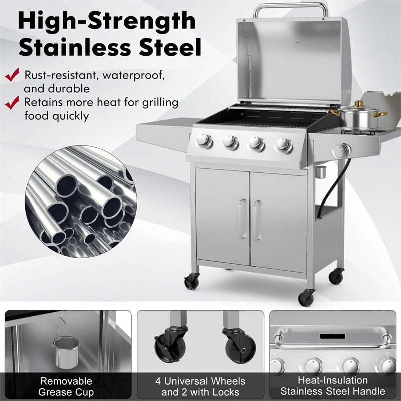 50,000 BTU 5-Burner Propane Gas Grill with Side Burner, 2 Prep Tables & 4 Wheels, Heavy-Duty Stainless Steel BBQ Grill for Backyard, Outdoor Cooking