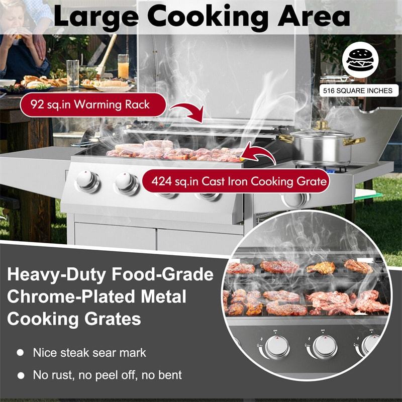 50,000 BTU 5-Burner Propane Gas Grill with Side Burner, 2 Prep Tables & 4 Wheels, Heavy-Duty Stainless Steel BBQ Grill for Backyard, Outdoor Cooking