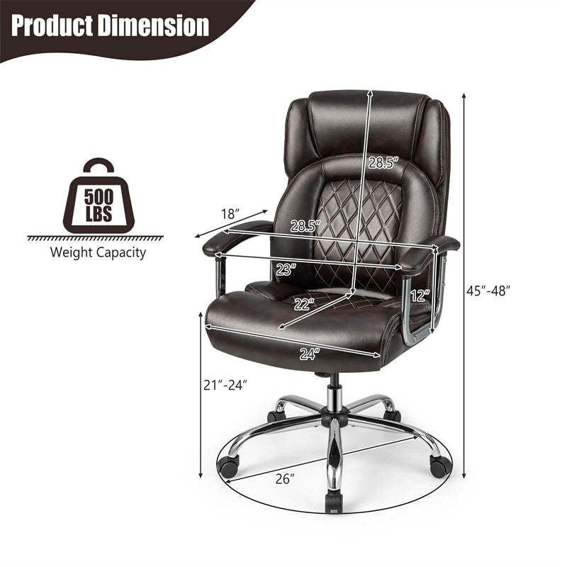 500LBS Big & Tall Office Chair, High-Back Leather Executive Chair w/ Wide Seat for Heavy People, Height Adjustable Swivel Computer Desk Chair