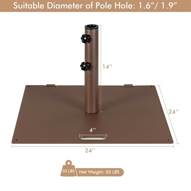 50LBS Steel Patio Umbrella Base, 24" Square Heavy Duty Umbrella Stand with 2 Wheels & Adjustable Knobs for Deck, Poolside & Garden