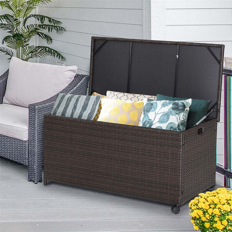 50 Gallon All-Weather Wicker Outdoor Storage Box with Waterproof Liner & Wheels, Patio Deck Storage for Cushions, Garden Tools & Pool Accessories