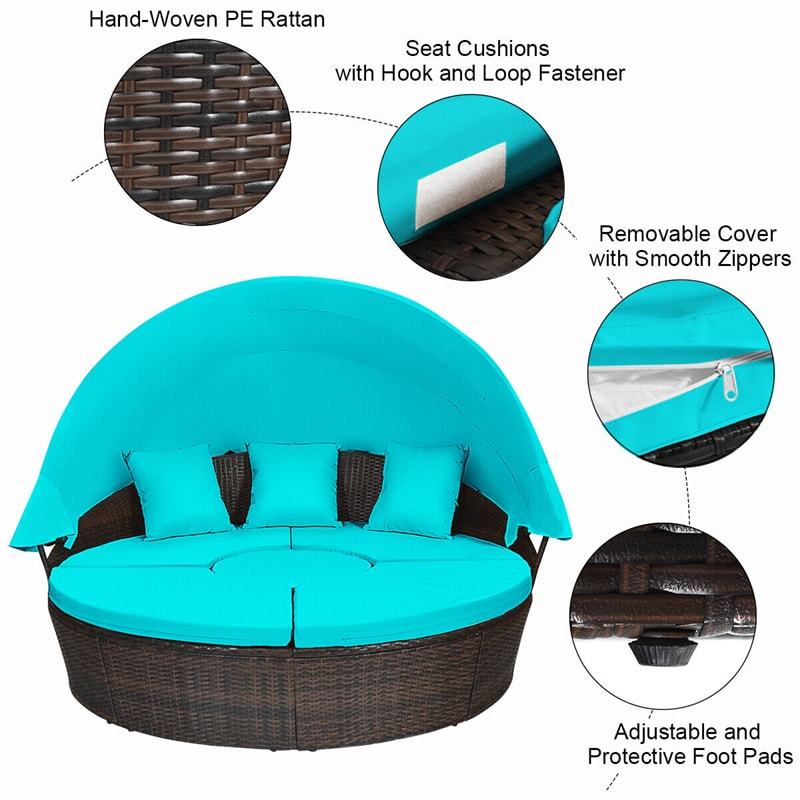Round Patio Rattan Daybed with Retractable Canopy, Adjustable Coffee Table & Cushions, Outdoor Wicker Sectional Sofa for Poolside, Backyard