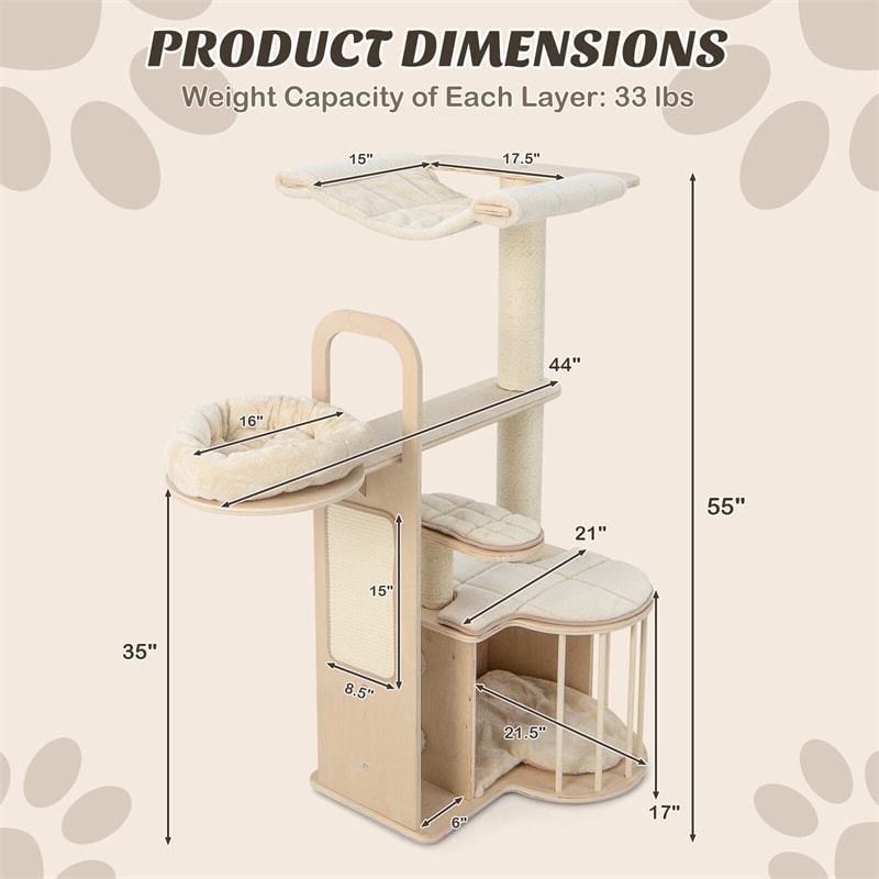 55" Tall Cat Tree Multi-Layer Wooden Cat Tower Activity Center with Hammock & Luxurious Cat Condo Plush Perch Cat Self Groomer