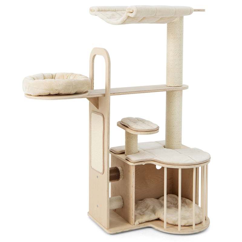 55" Tall Cat Tree Multi-Layer Wooden Cat Tower Activity Center with Hammock & Luxurious Cat Condo Plush Perch Cat Self Groomer