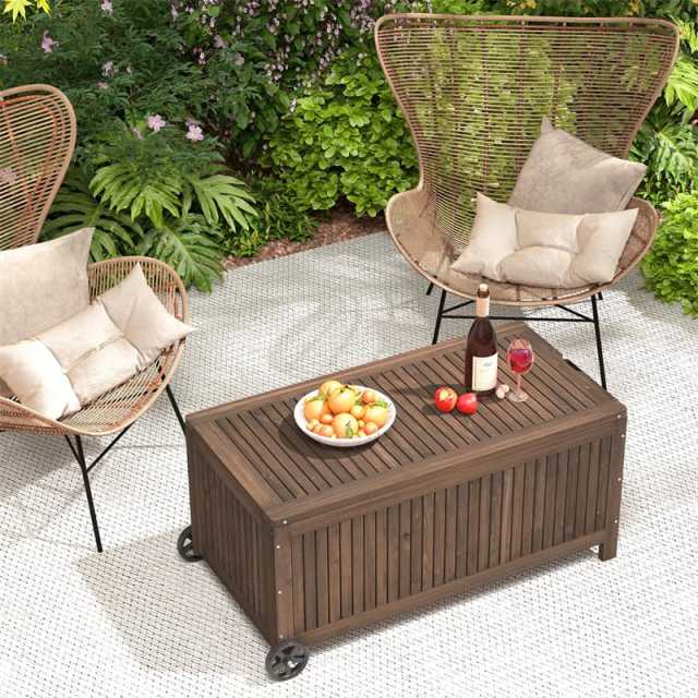 56 Gallon Fir Wood Deck Box Outdoor Storage Box Wooden Patio Storage Bench with Wheels & Removable Waterproof PE Liner for Pillows Garden Tools