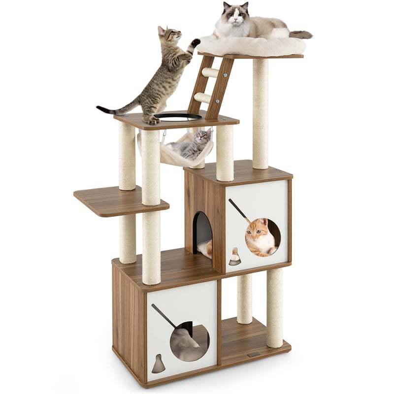 57" Modern Wooden Cat Tree Tower Multi-Level Cat Activity Center with Climbing Ladder, 2 Cat Condos, Hanging Hammock & Padded Top Perch