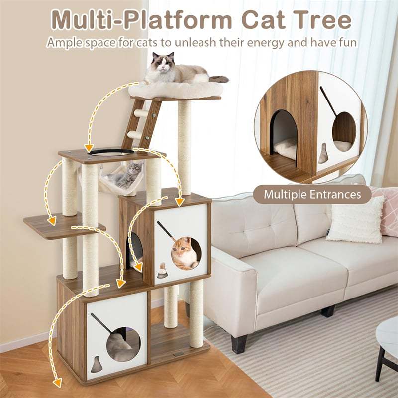 57" Modern Wooden Cat Tree Tower Multi-Level Cat Activity Center with Climbing Ladder, 2 Cat Condos, Hanging Hammock & Padded Top Perch