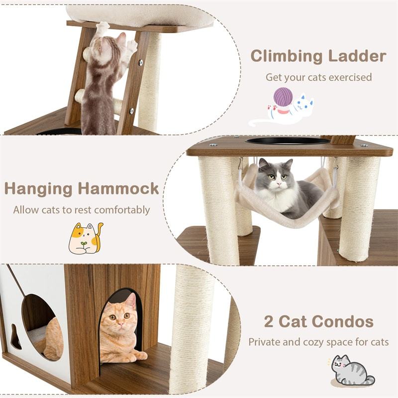 57" Modern Wooden Cat Tree Tower Multi-Level Cat Activity Center with Climbing Ladder, 2 Cat Condos, Hanging Hammock & Padded Top Perch